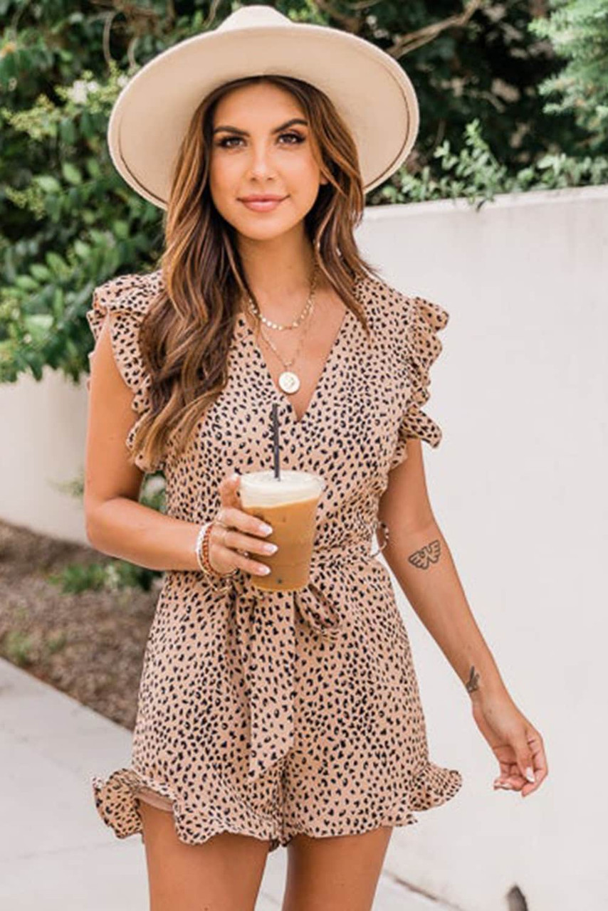 Ruffled V Neck Leopard Romper with Belt