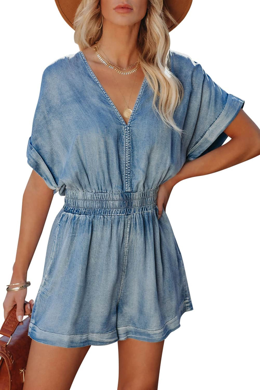 Sky Blue  V Neck Smocked Waist Pocketed Chambray Romper