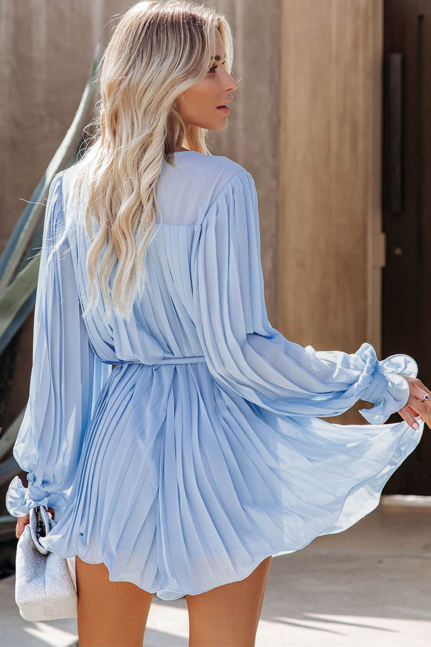 Sky Blue Pleated Ruffled Tie Waist Buttons V Neck Romper