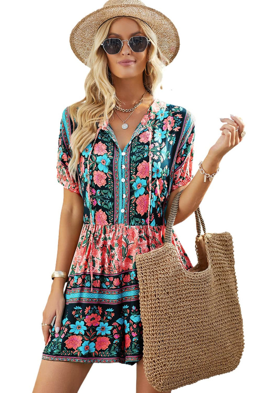 Multicolor Spring Floral Buttons Short Sleeve Romper