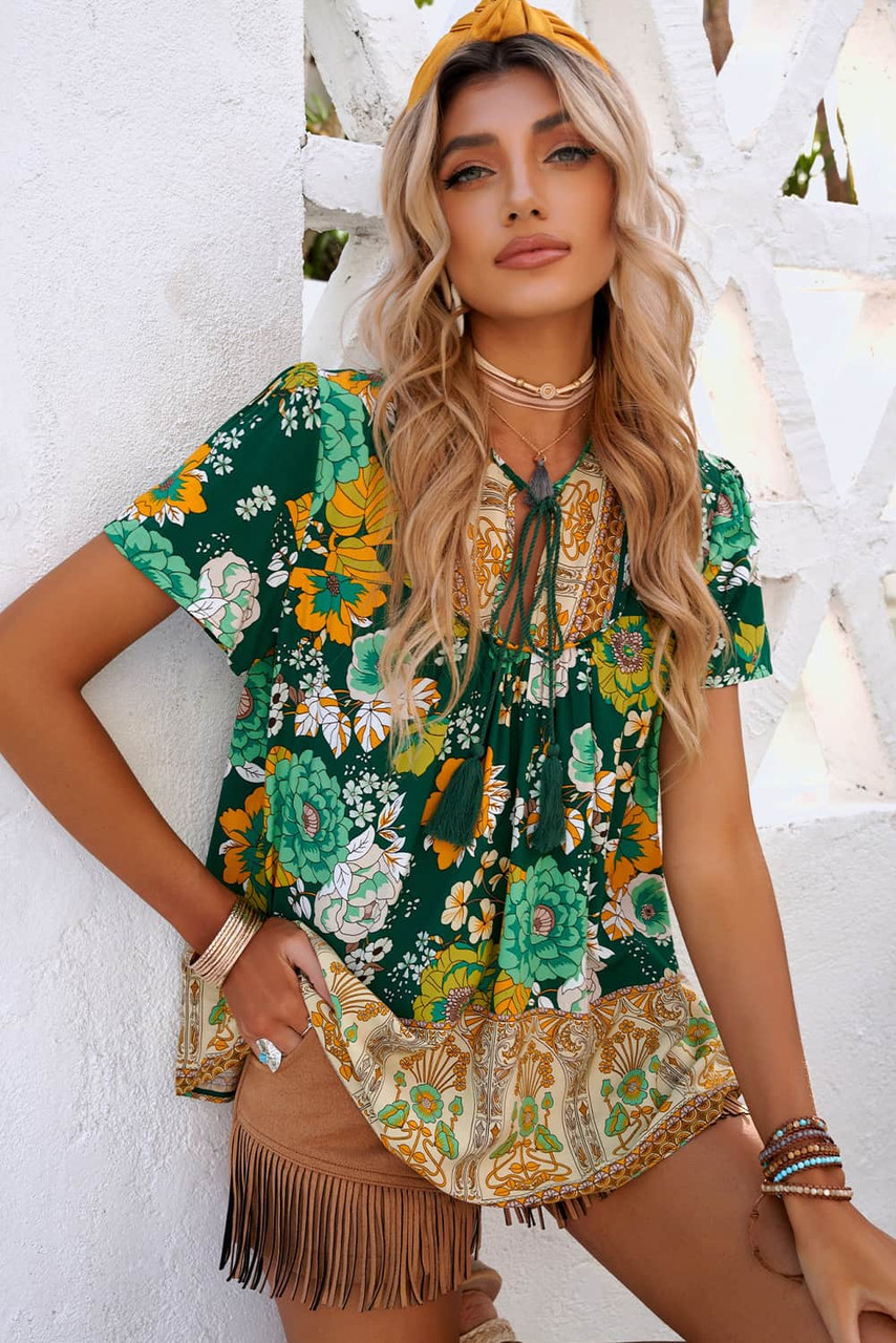 Green Boho Floral Print Short Sleeve Blouse