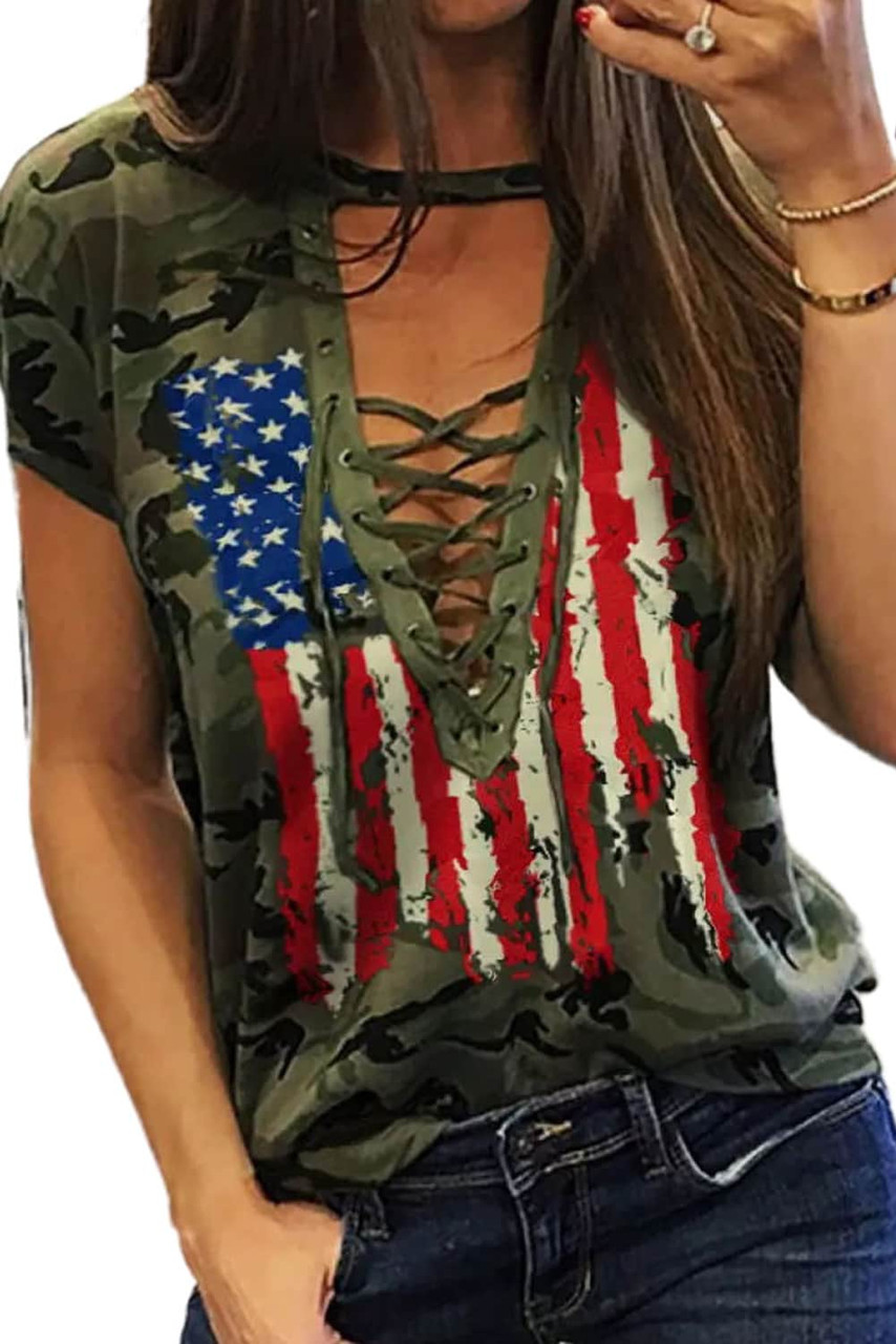 Green Camo American Flag Print Lace Up T-shirt Green Camo American Flag Print Lace Up T-shirt