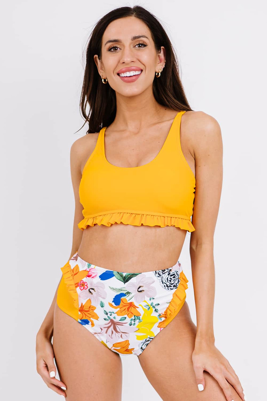 Yellow Ruffle Floral Print High Waist Bikini Set