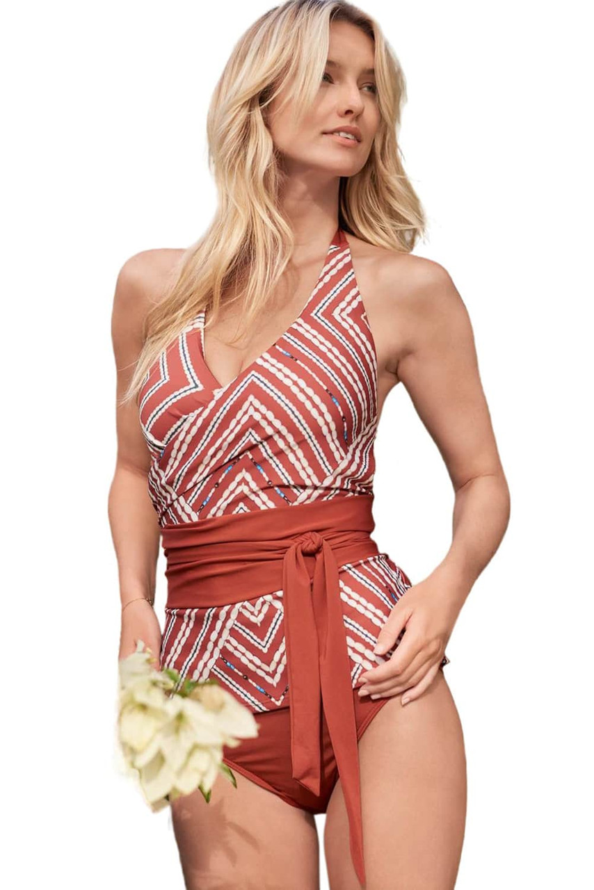 Tribal Stripes Print Wrap Tankini Swimsuit