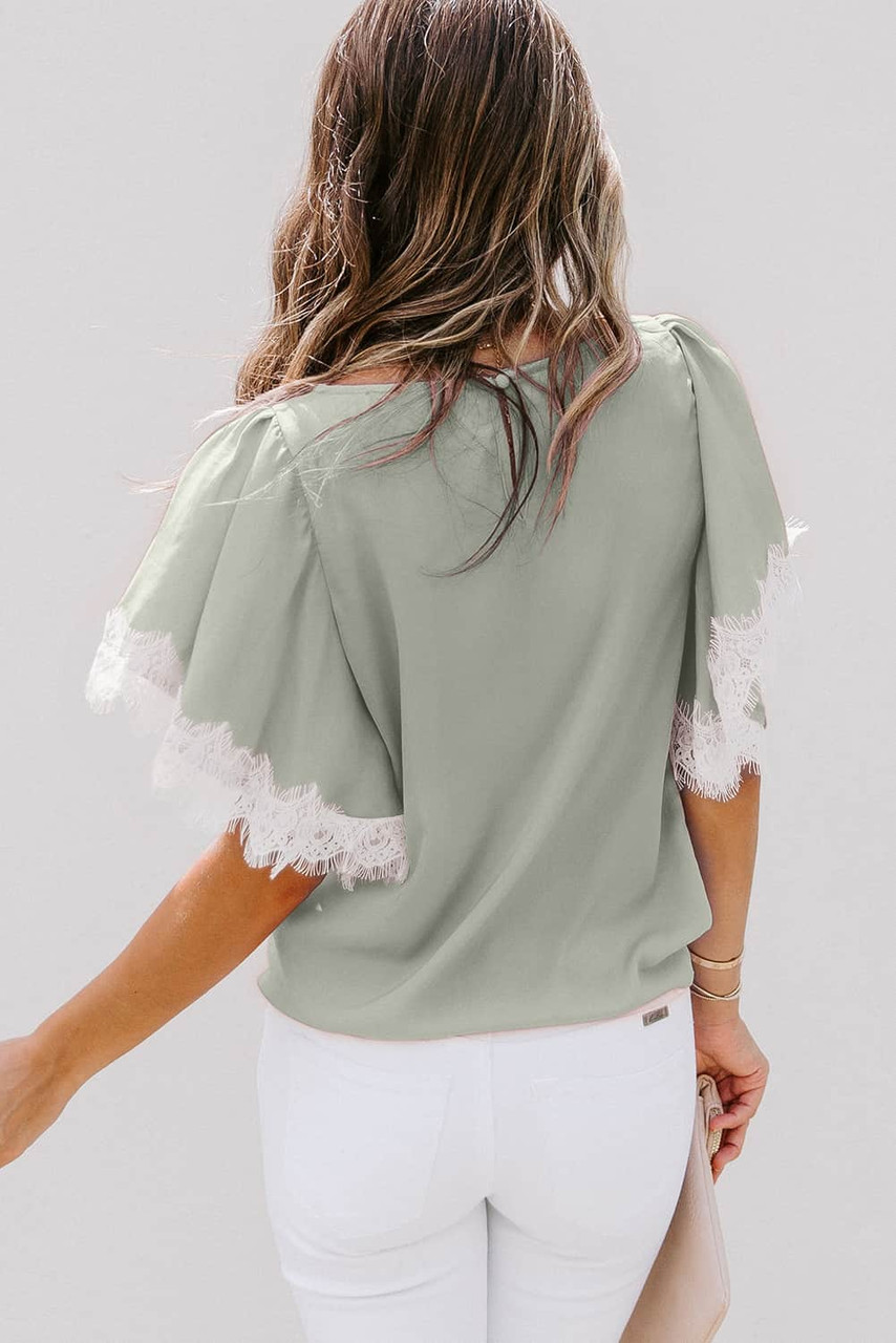 Green Lace Flutter Sleeve Top