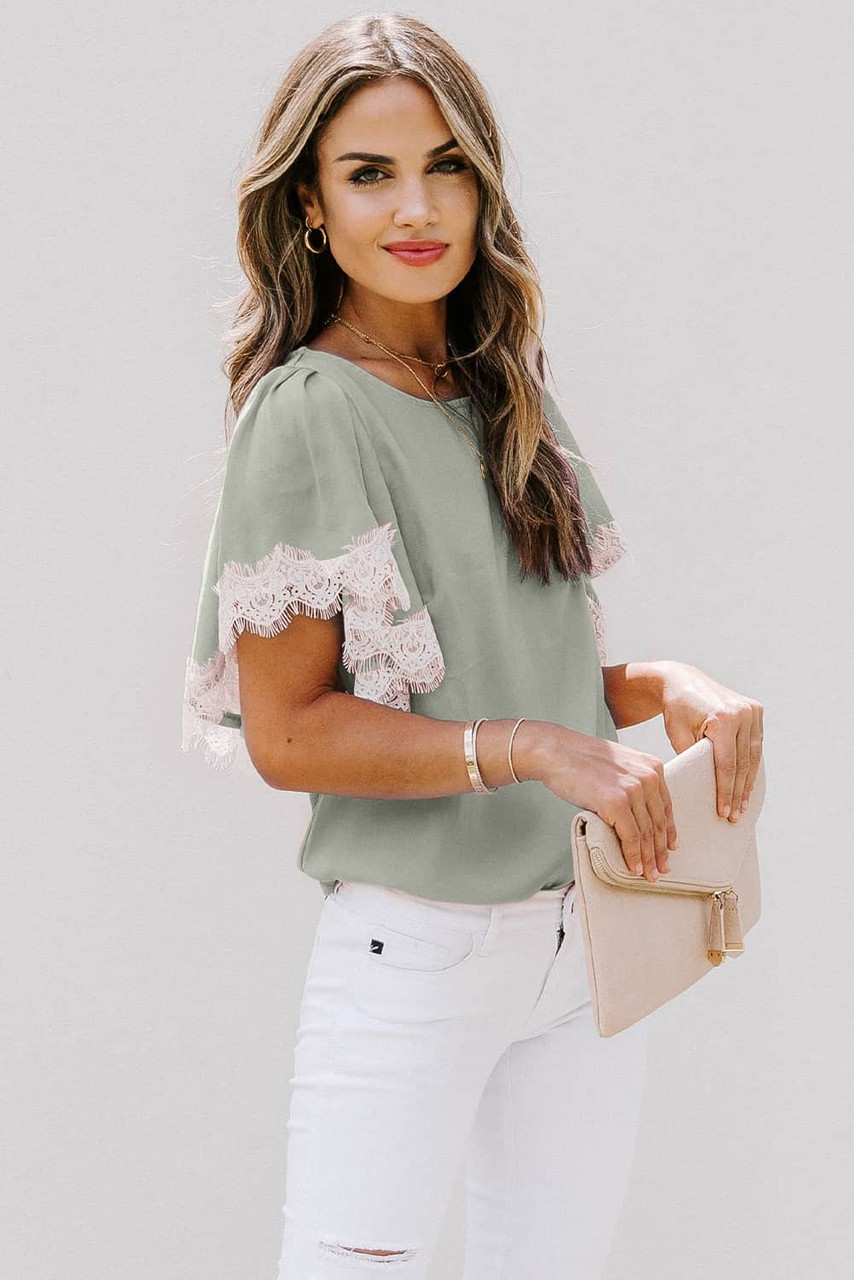 Green Lace Flutter Sleeve Top