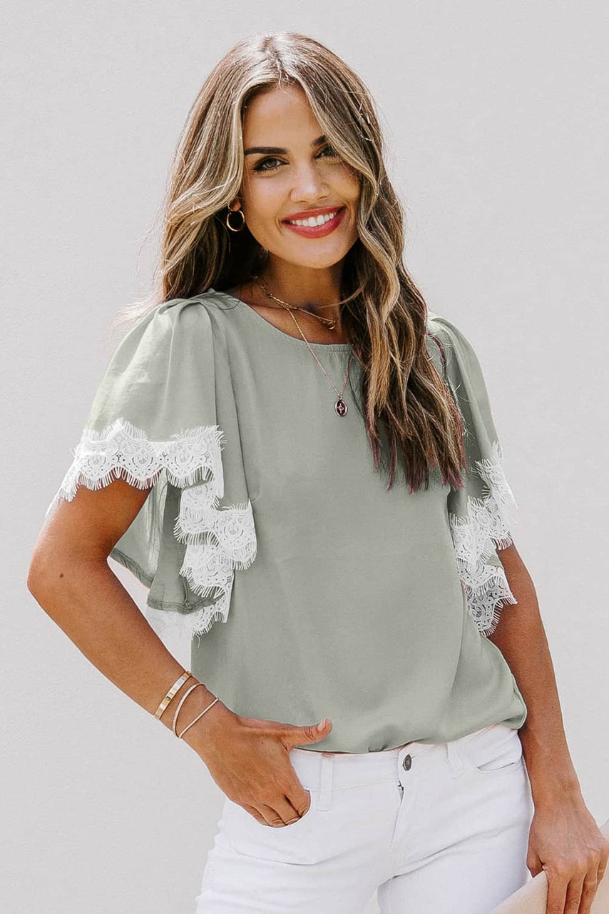 Green Lace Flutter Sleeve Top