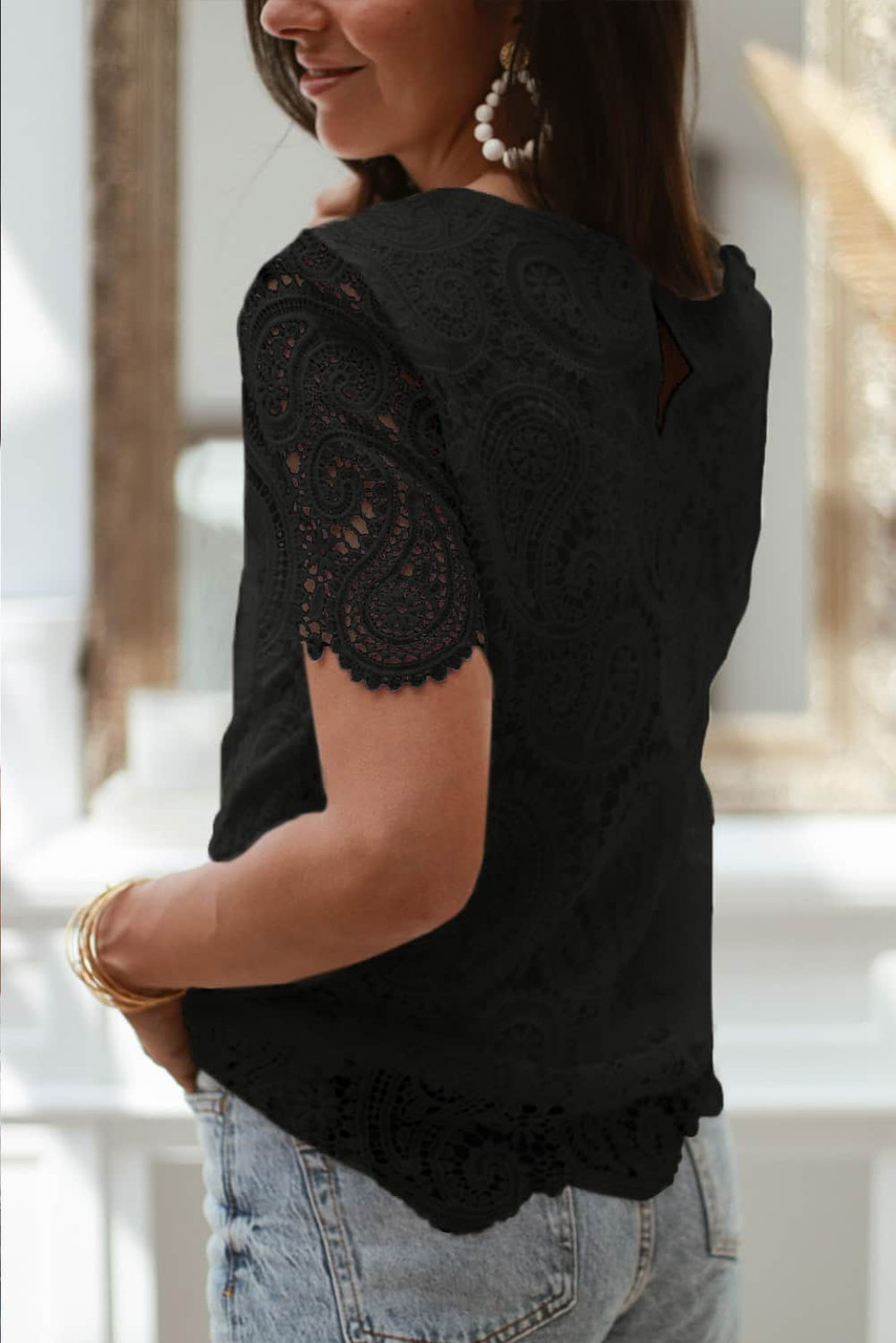 Black Lace Crochet Overlay Casual Short Sleeves Top