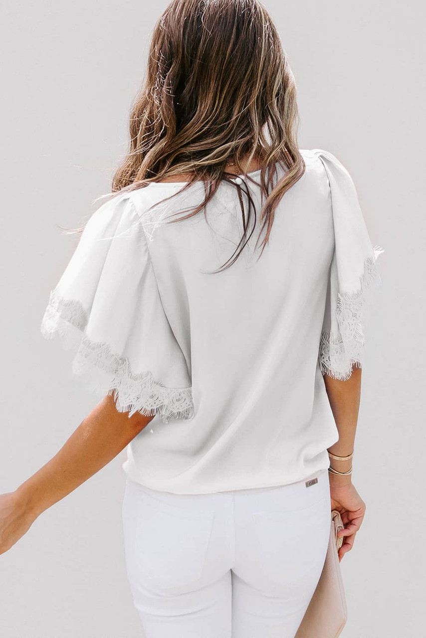 White Lace Flutter Sleeve Top