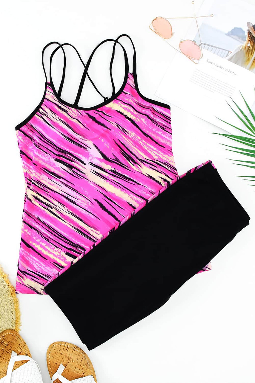 Rose Abstract Print Criss Cross Strappy Two-piece Tankini