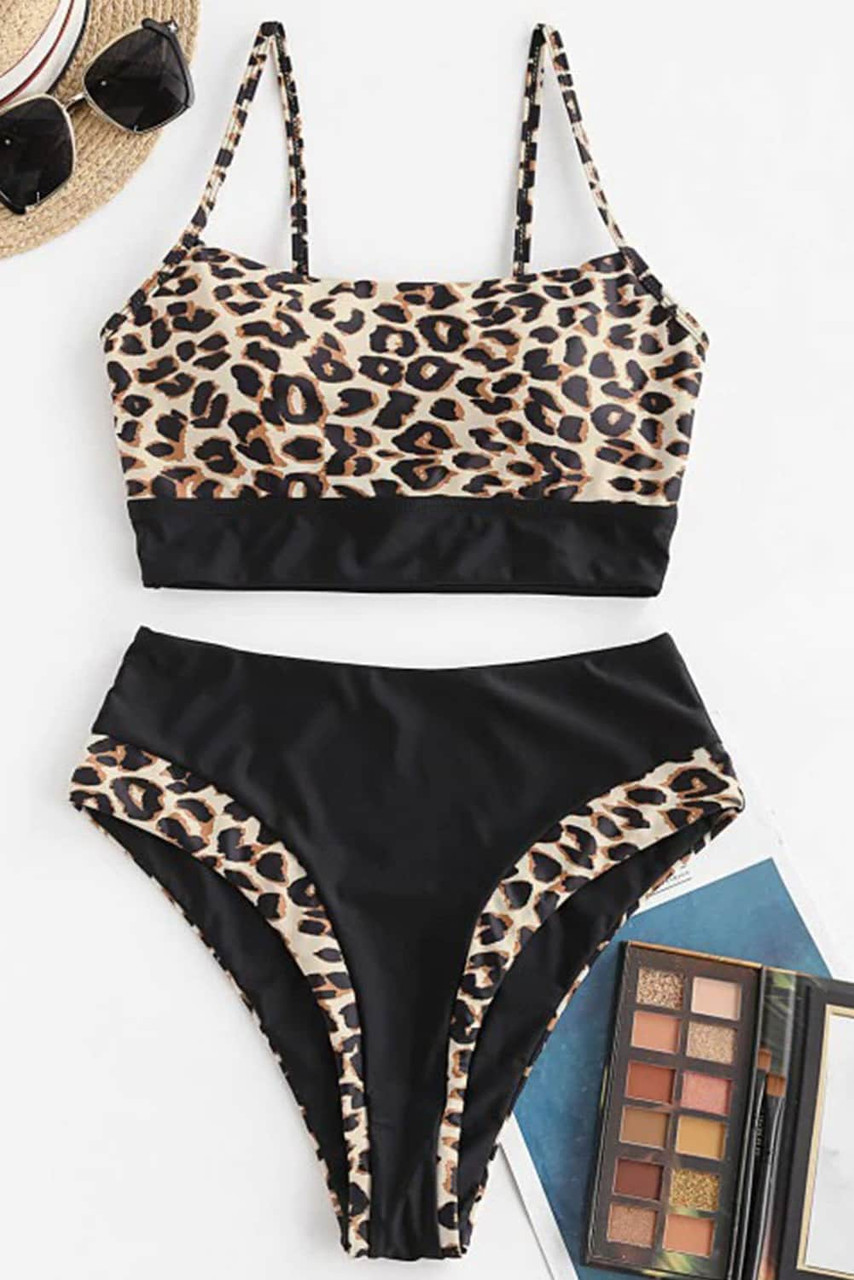 Leopard Splicing Spaghetti Strap Bikini Swimwear