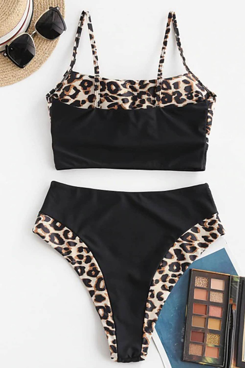 Leopard Splicing Spaghetti Strap Bikini Swimwear