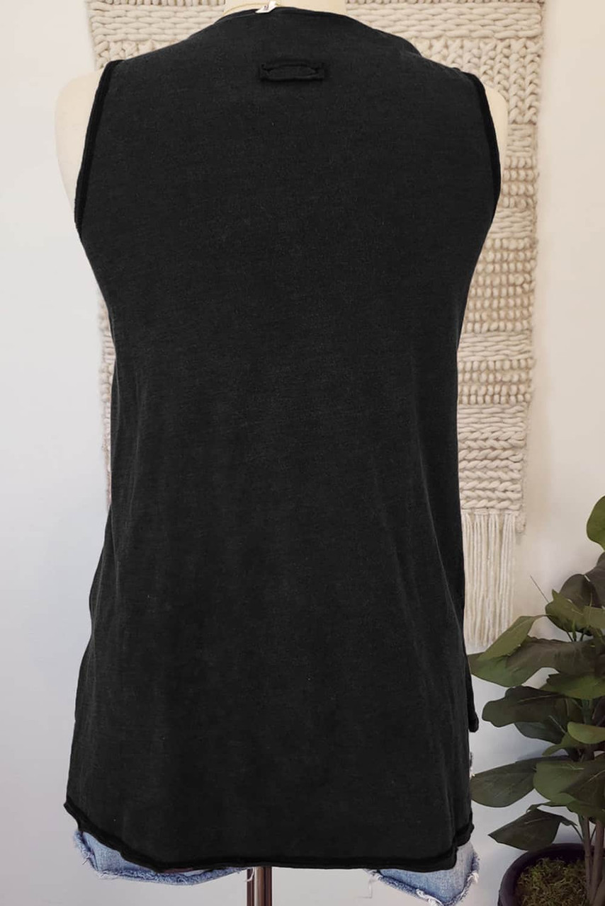 Black Pleated Crew Neck Tank Top