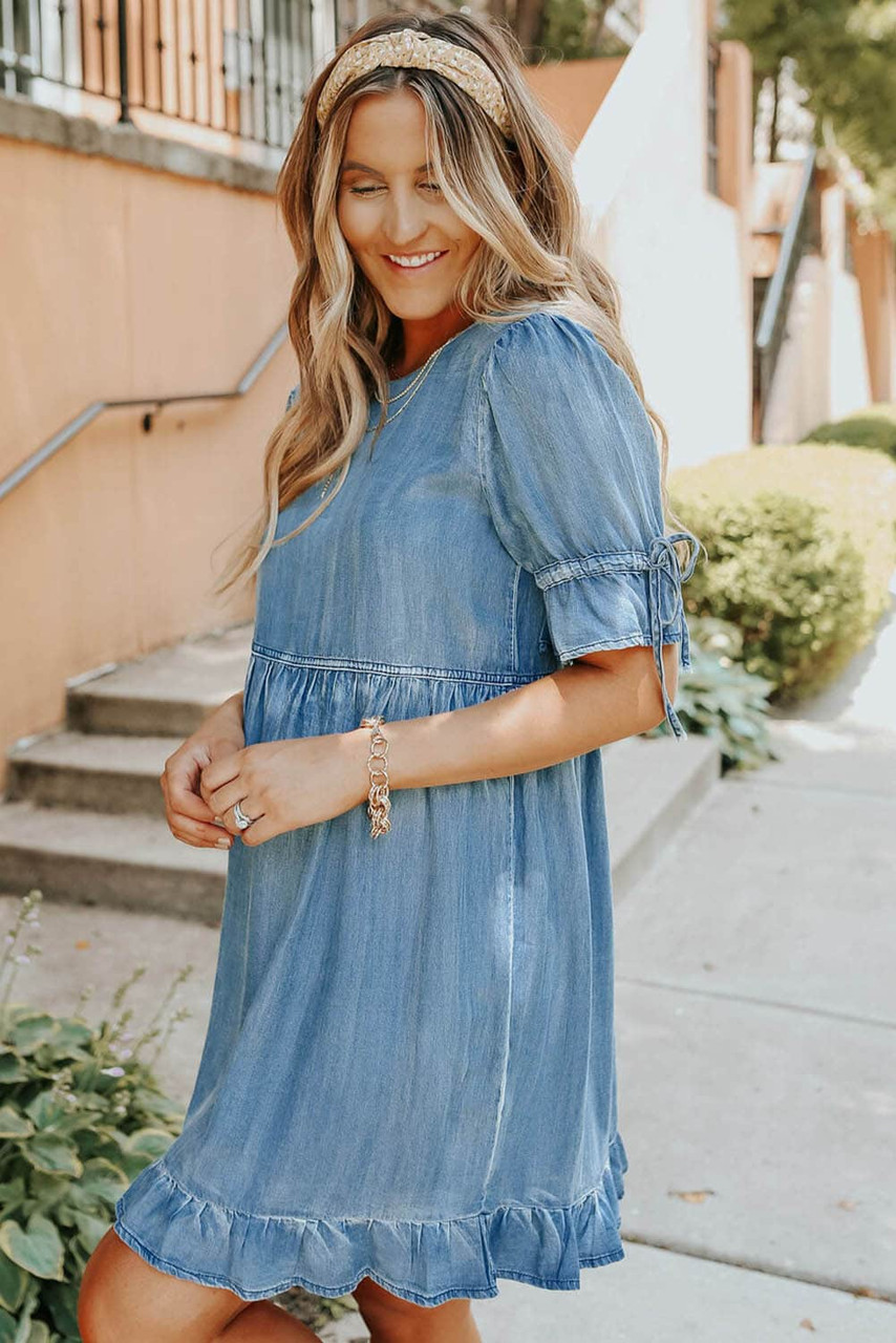 Blue High Waist Ruffled Denim Dress