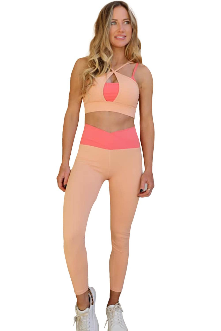 Orange Two-Tone Colorblock Bra Leggings Active Wear Set