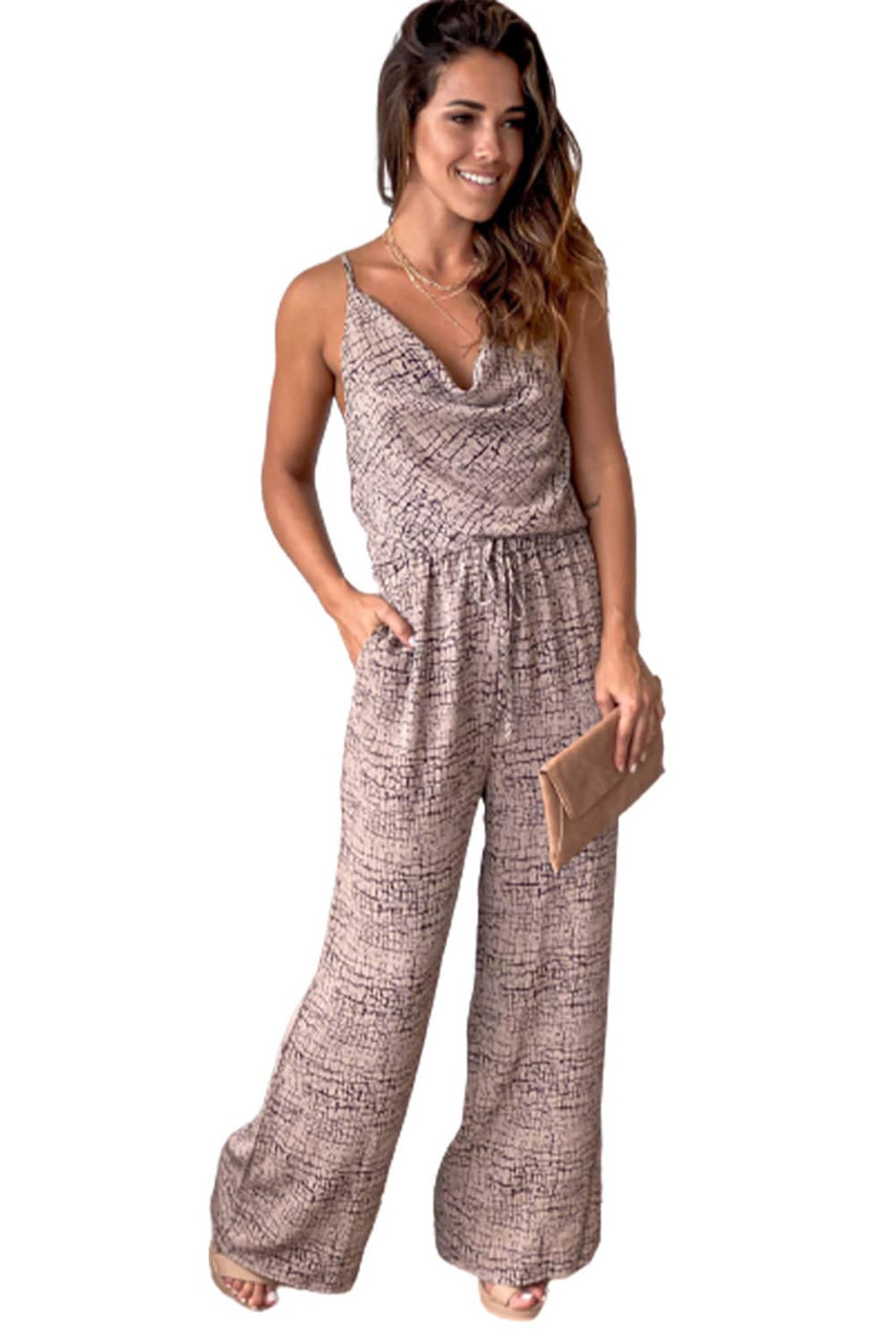 Khaki Cowl Neck Printed Sleeveless Jumpsuit