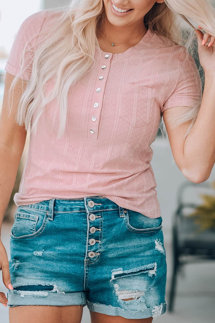 Pink Textured Knit Buttoned Short Sleeve Top