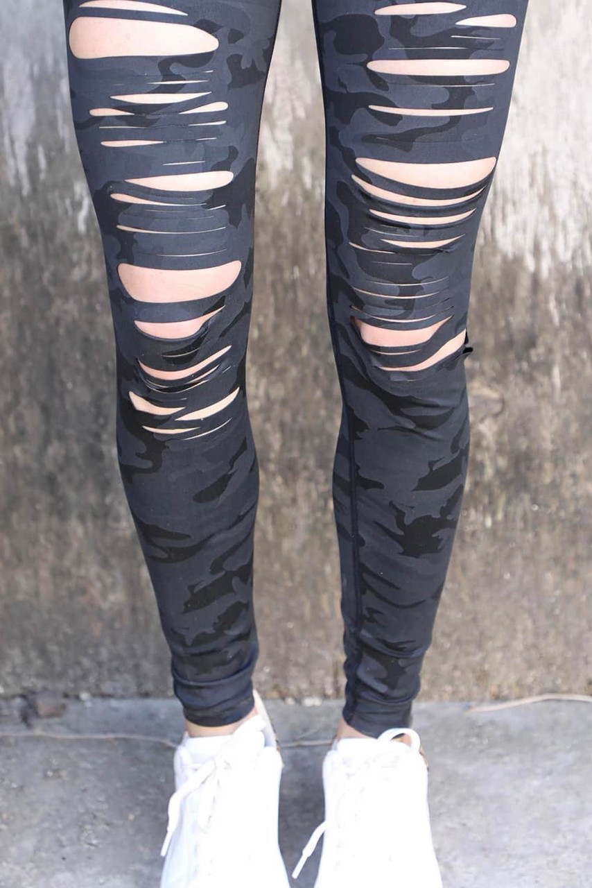 Black Camo Print Ripped High Waist Leggings