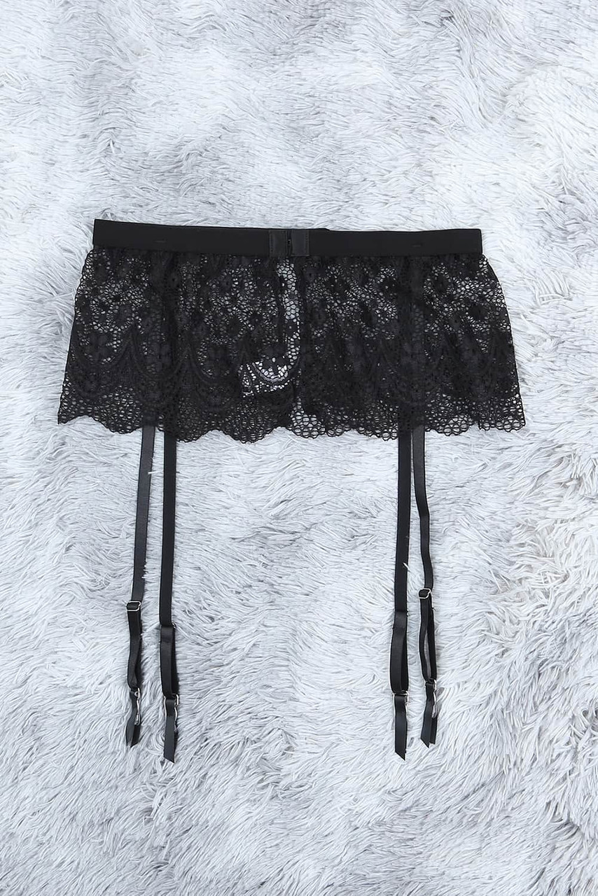 Black Sheer Lace Bra and Panty Set with Garter Belts