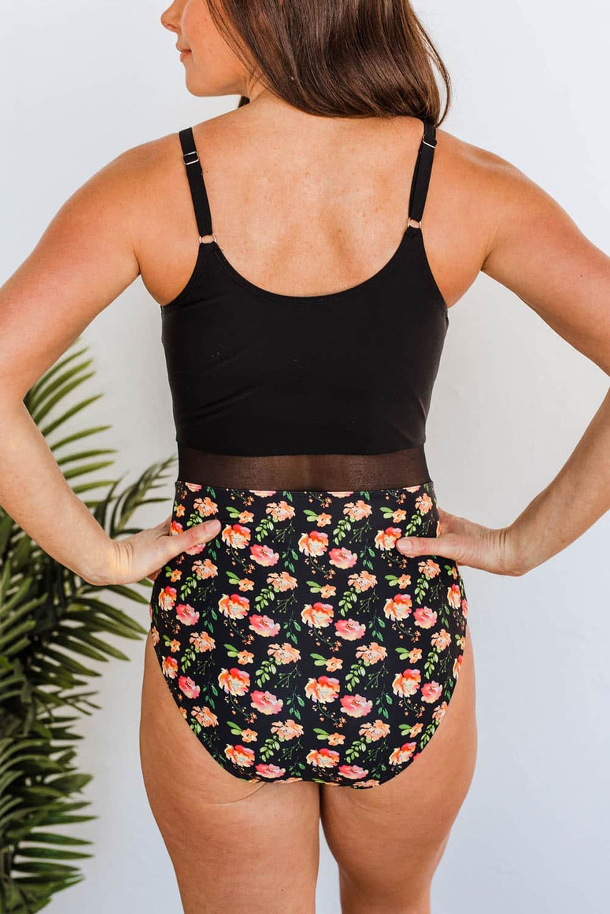Black Floral Print Mesh Splicing One Piece Swimsuit