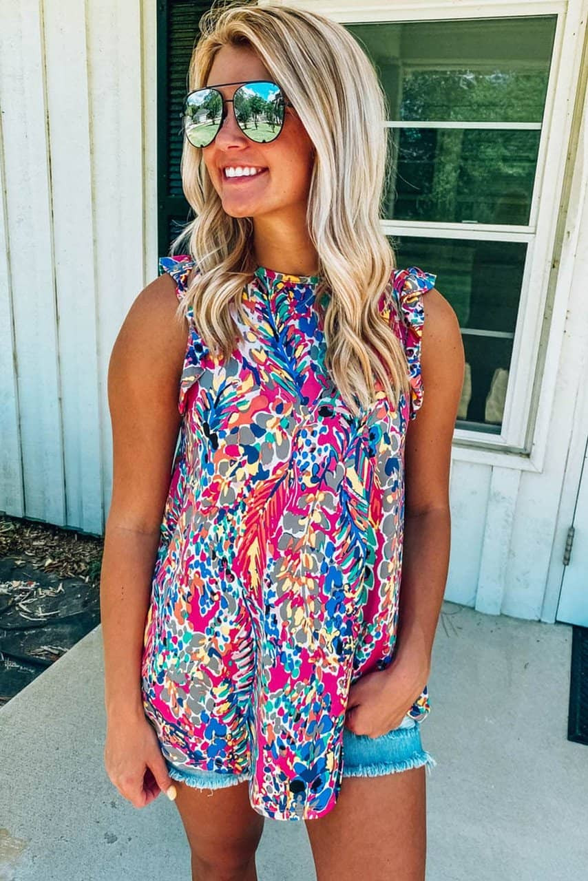 Rose Floral Print Tank Top with Ruffles Rose Floral Print Tank Top with Ruffles