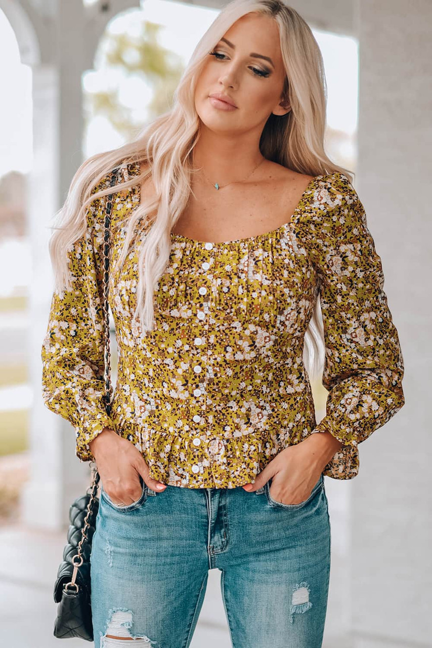 Yellow Square Neck Smocked Floral Top