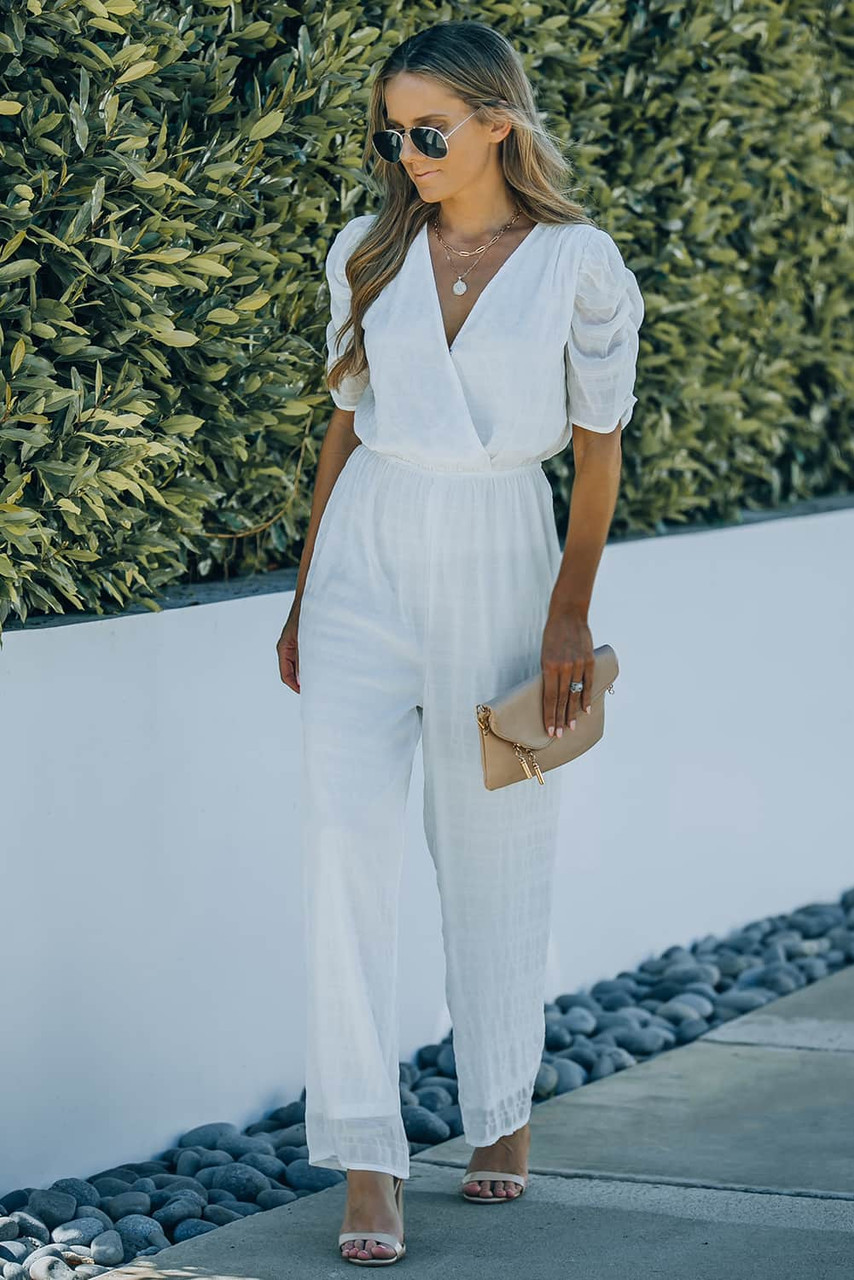 White Wrap V Neck Textured High Waist Jumpsuit