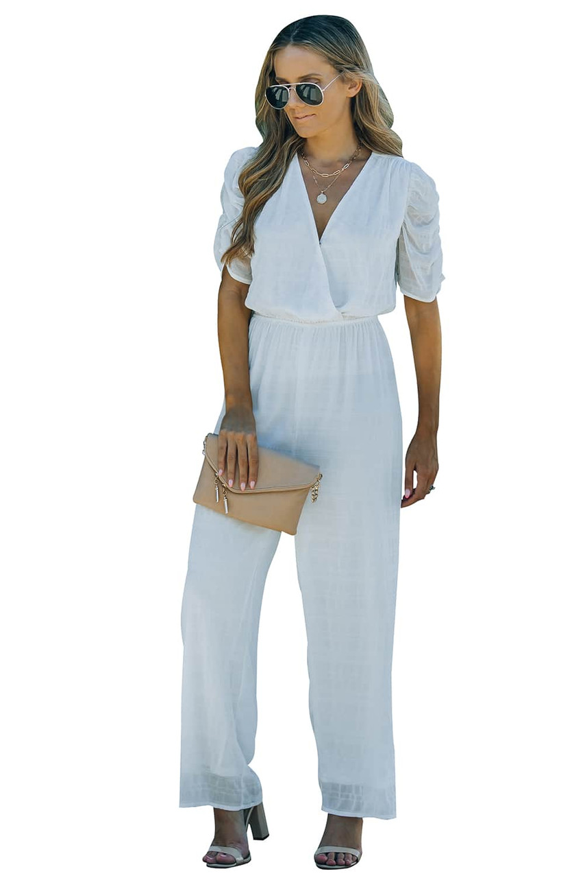 White Wrap V Neck Textured High Waist Jumpsuit