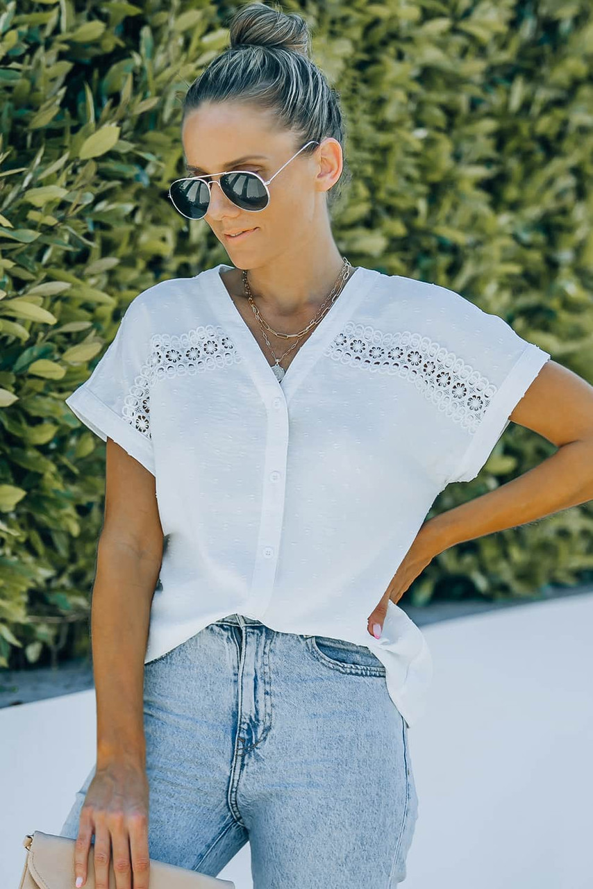 White Swiss Dot Lace Splicing Buttoned Short Sleeve Shirt