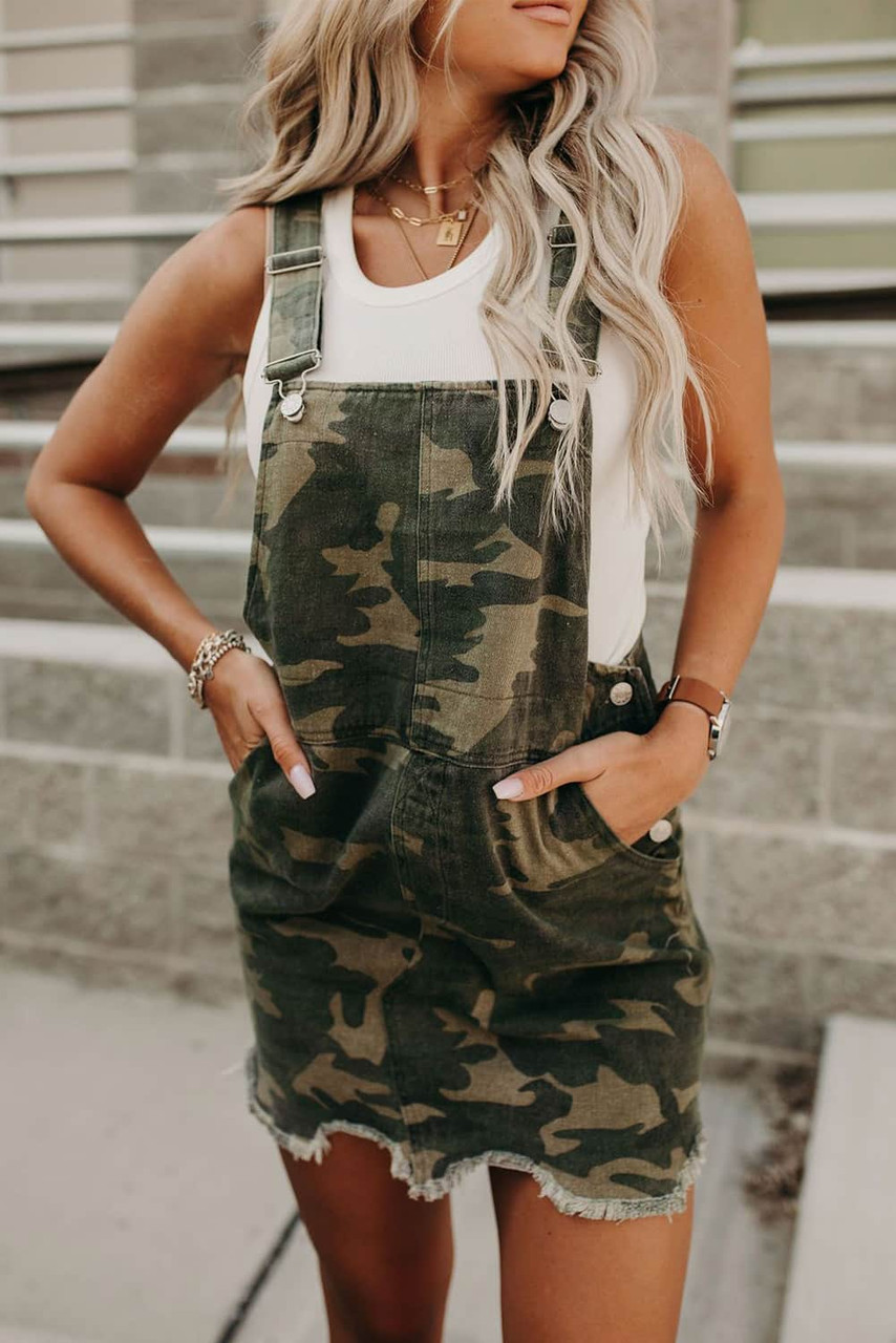 Green Camo Print Raw Hem Overalls Mini Dress