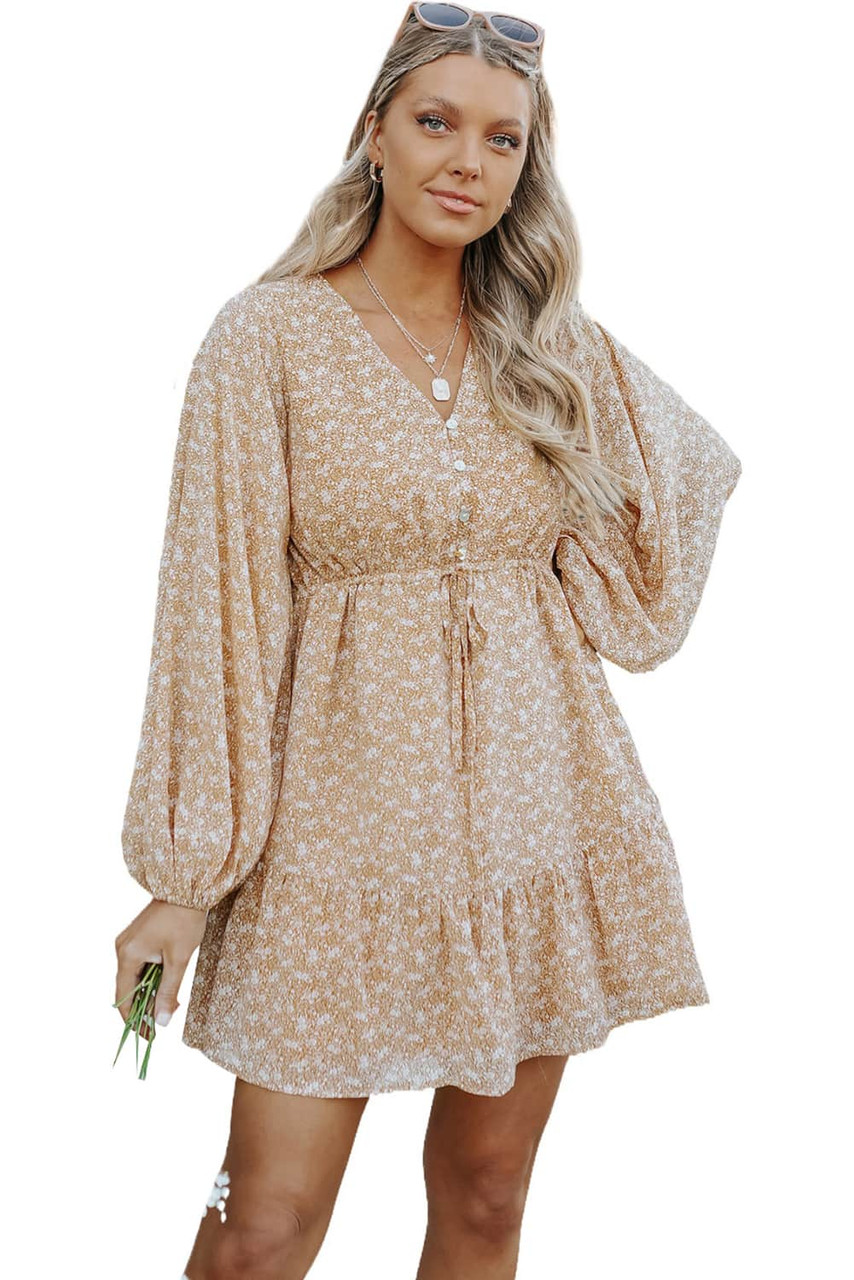 Brown Buttons Front Bubble Sleeve Shirt Floral Dress