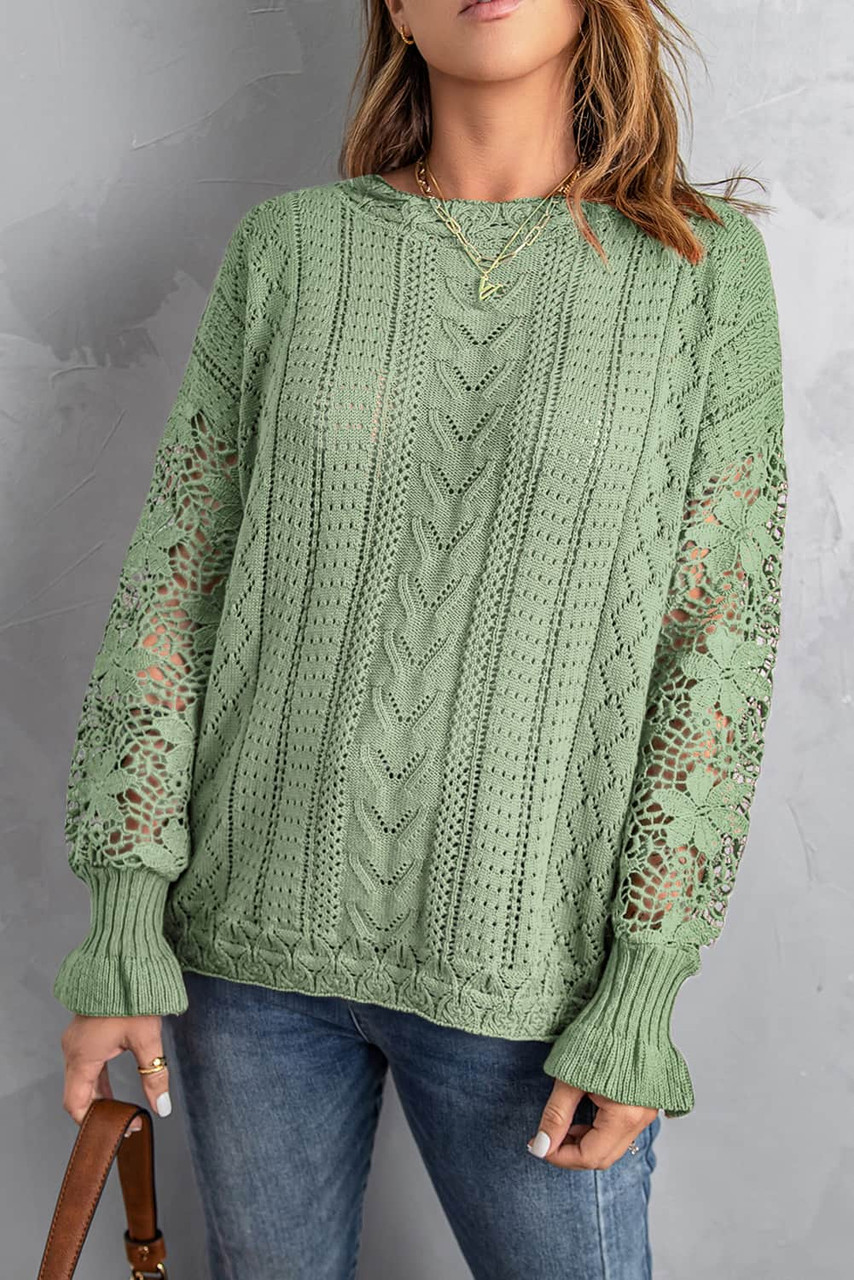Green Crochet Lace Pointelle Knit Sweater
