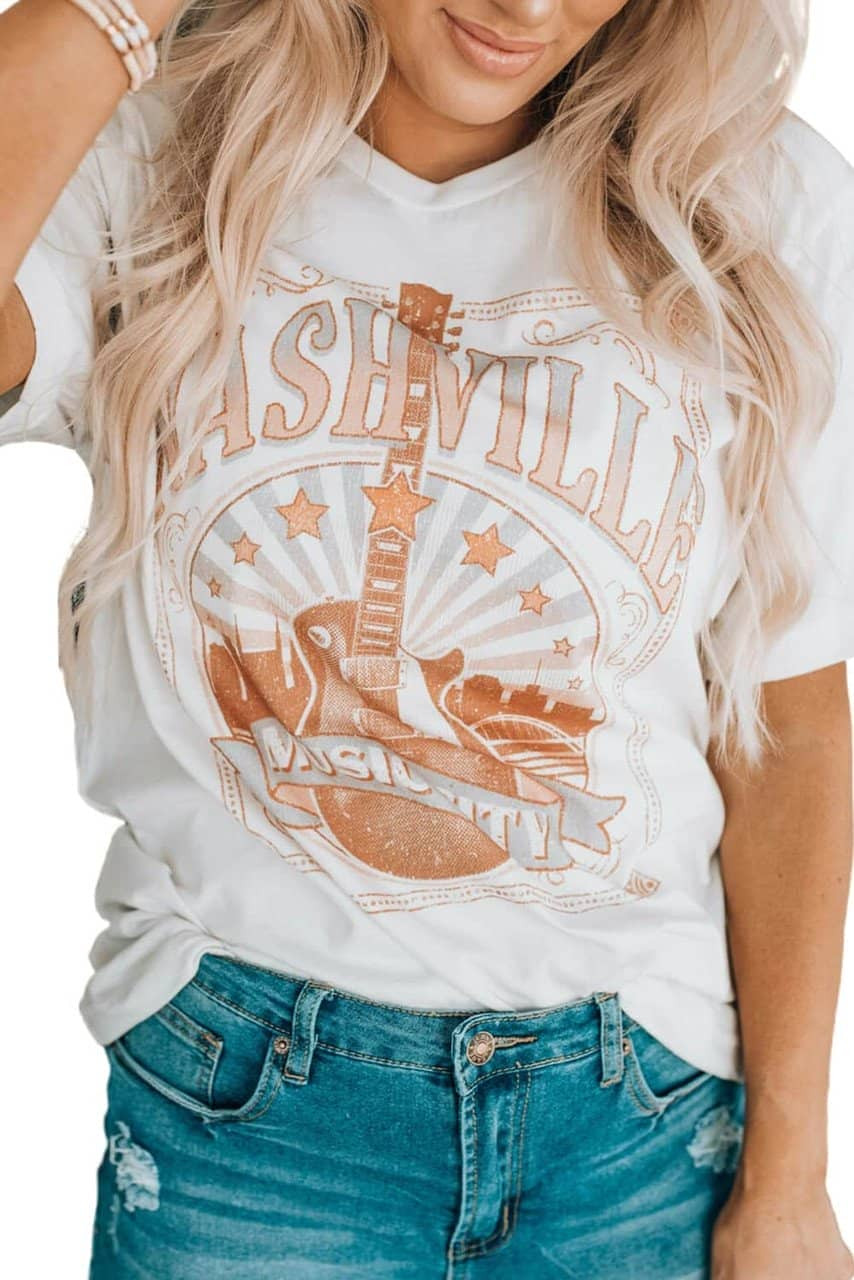 White NASHVILLE Graphic Printed Short Sleeve T Shirt