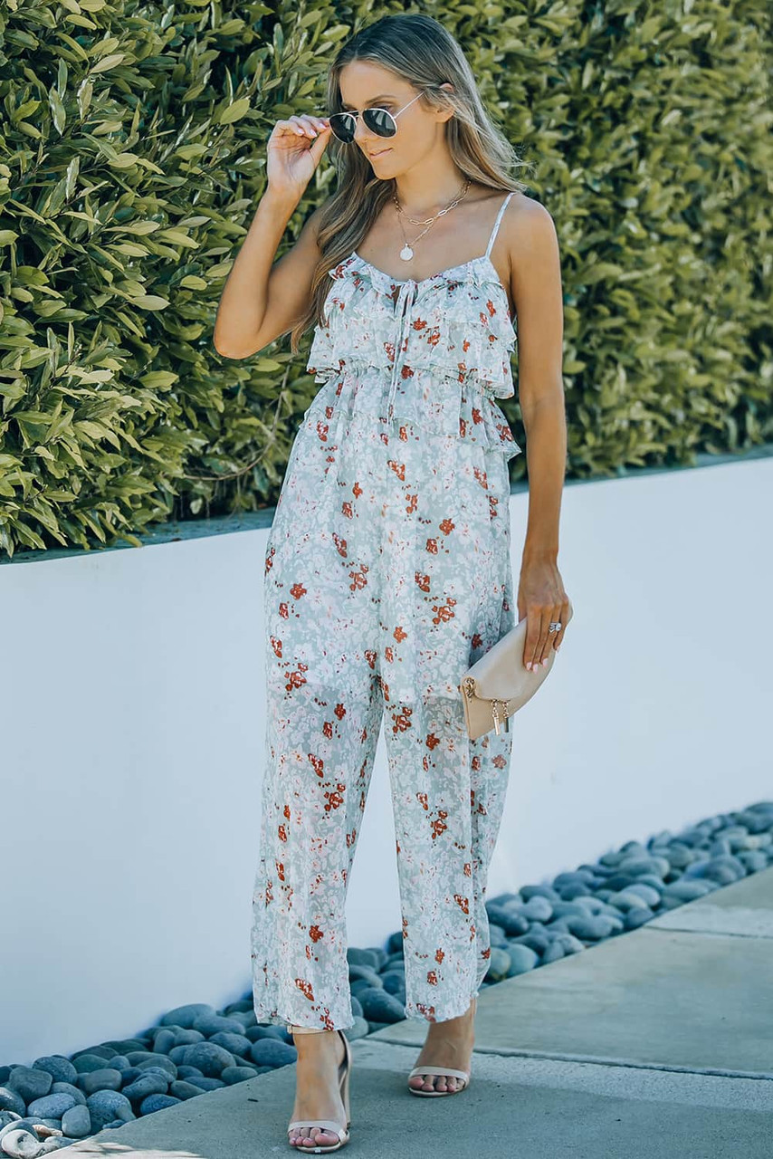 Floral Print Spaghetti Strap Ruffled Wide Leg Jumpsuit