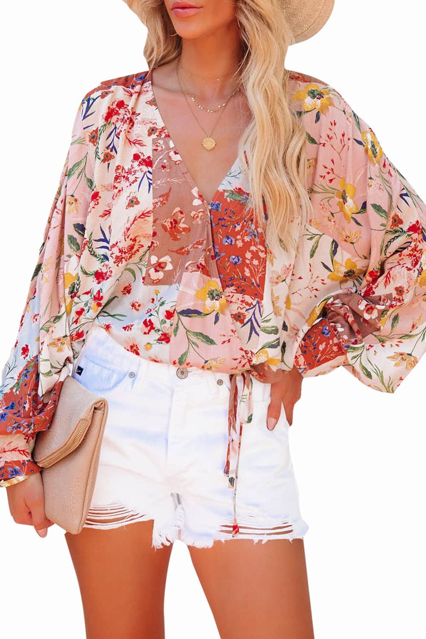 Multicolor Floral Print Patchwork Wrap V Neck Blouse