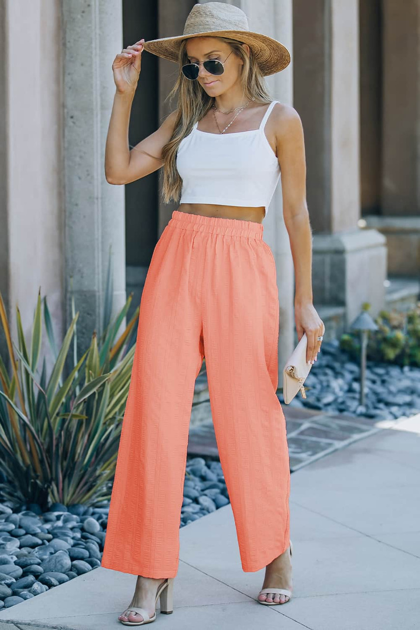 Pink Textured Straight Leg High Waist Casual Loose Pants