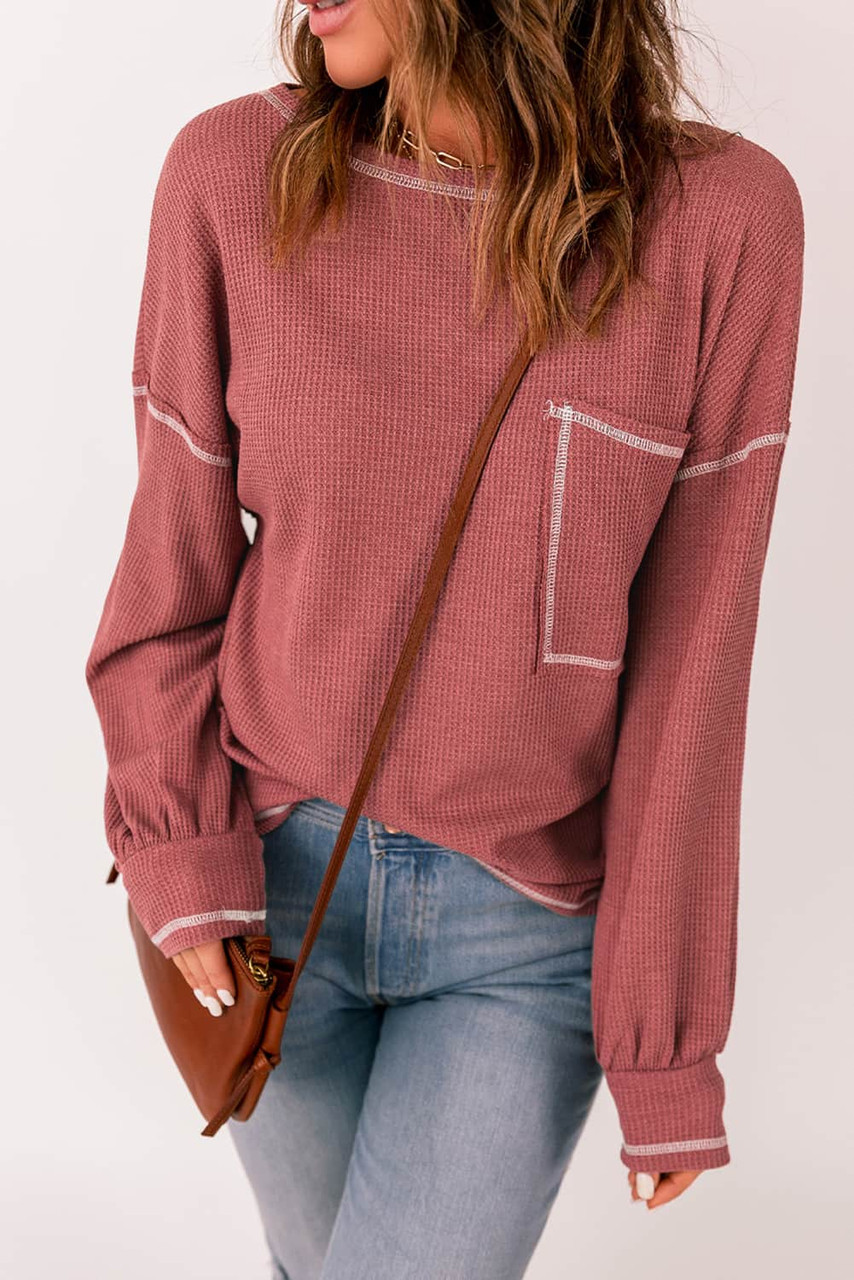 Contrast Stitching Trim Waffle Knit Pullover