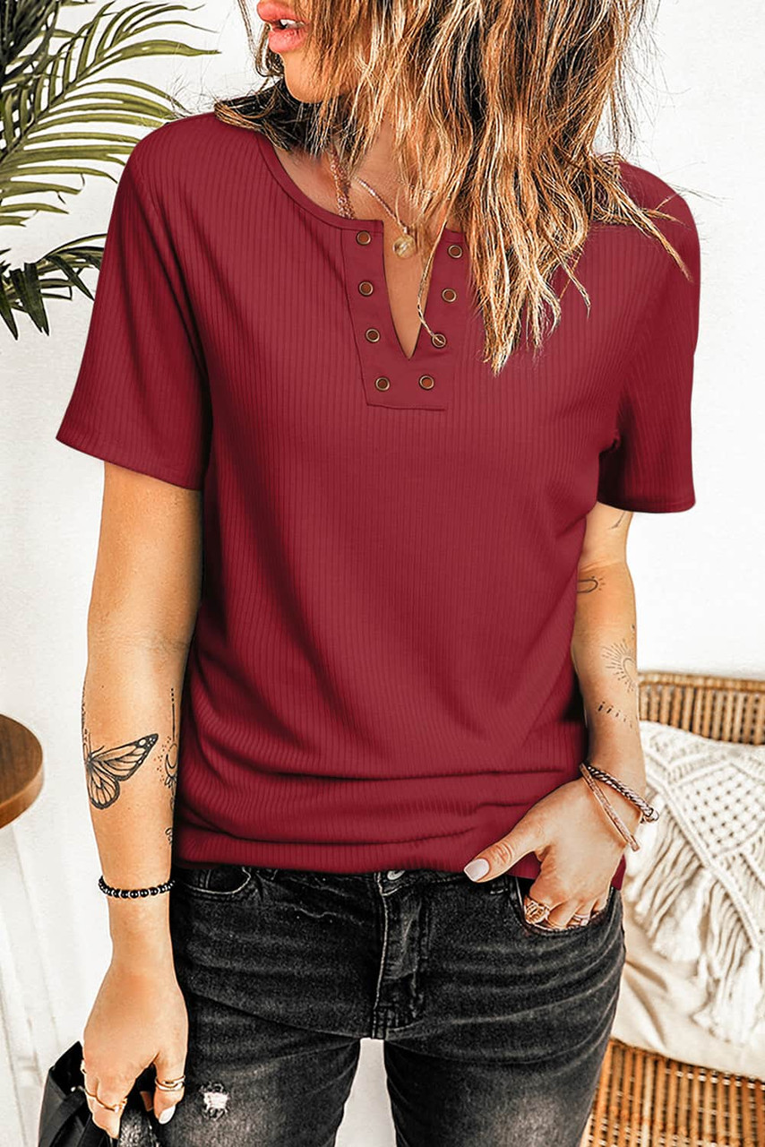 Red Ribbed Knit V Neck Short Sleeve Top