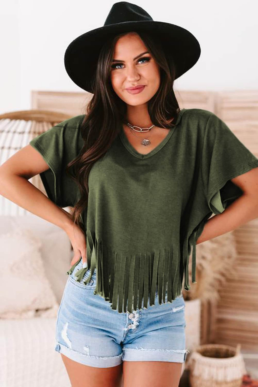 Green Fringe Hem V Neck T Shirt