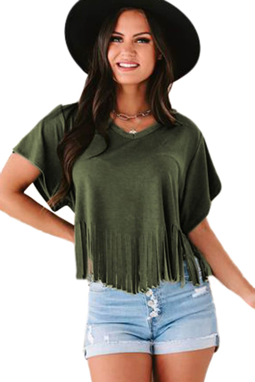 Green Fringe Hem V Neck T Shirt