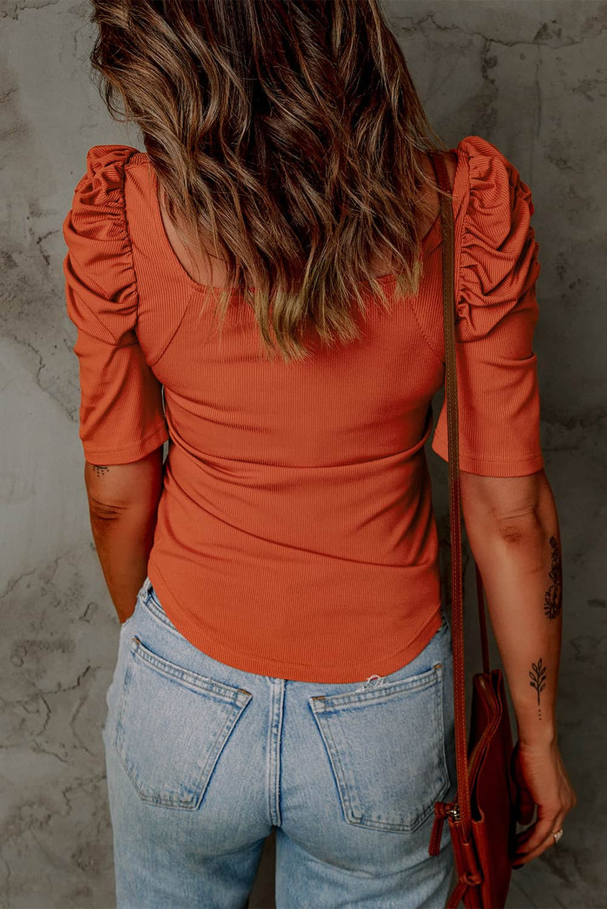 Orange Puff Sleeve Square Neck Ribbed Top Orange Puff Sleeve Square Neck Ribbed Top