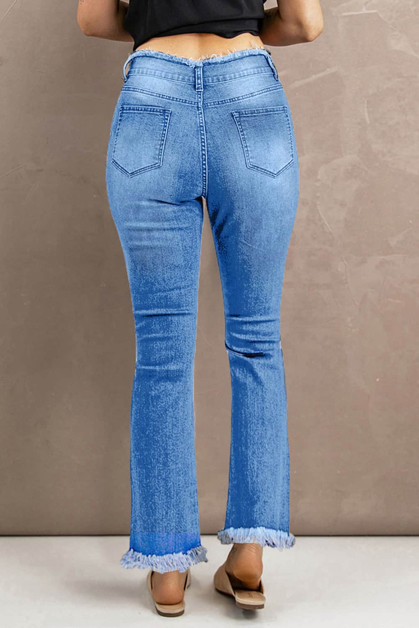 Sky Blue Frayed Ripped High Waist Flare Jeans