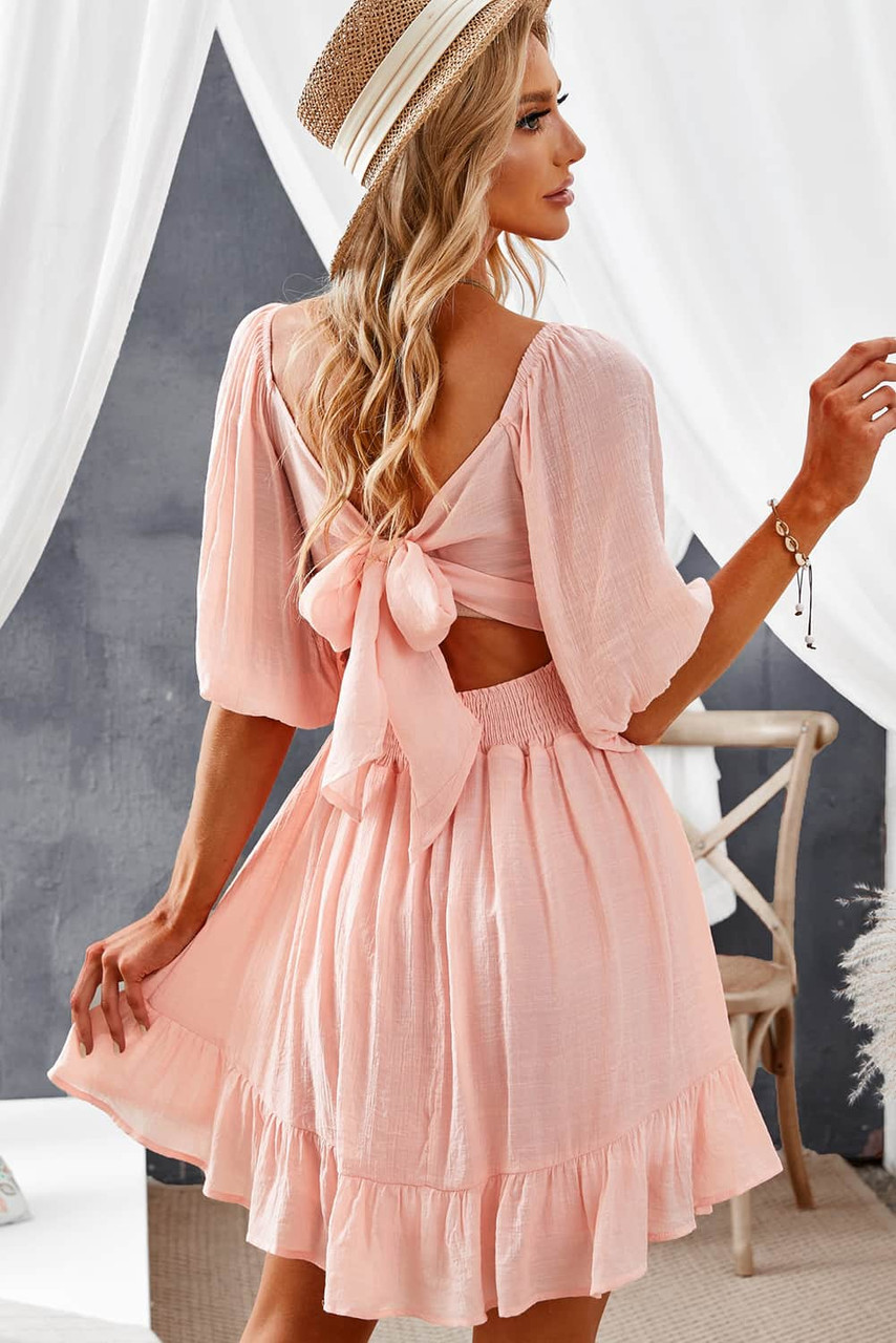 Bow Knot Square Neck Ruffled High Waist Mini Dress