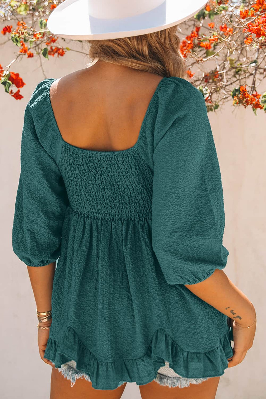 Green Ruffled Smocked 3/4 Sleeve Square Neck Blouse