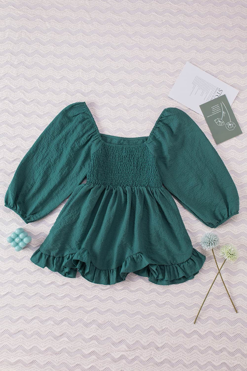 Green Ruffled Smocked 3/4 Sleeve Square Neck Blouse