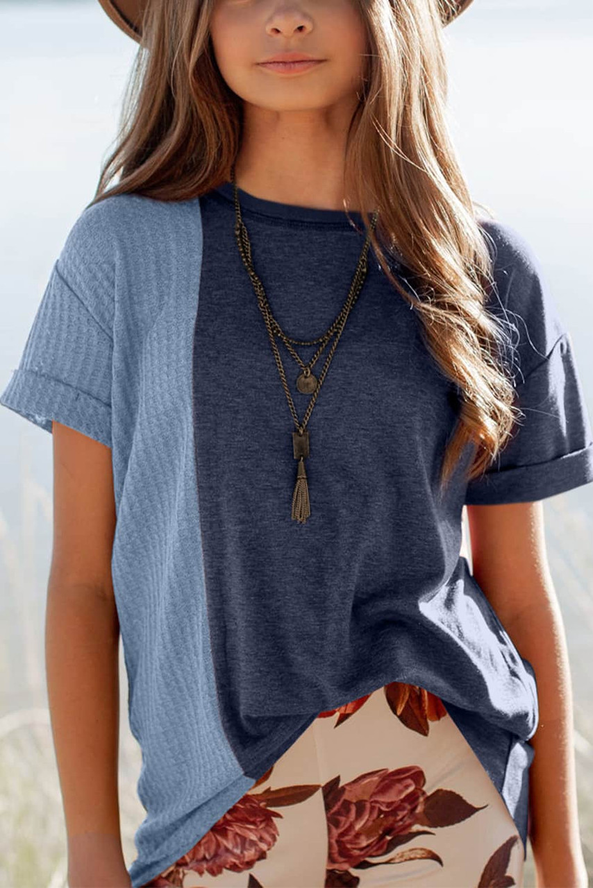 Blue Girls Patchwork Short Sleeve Waffle Knit Top