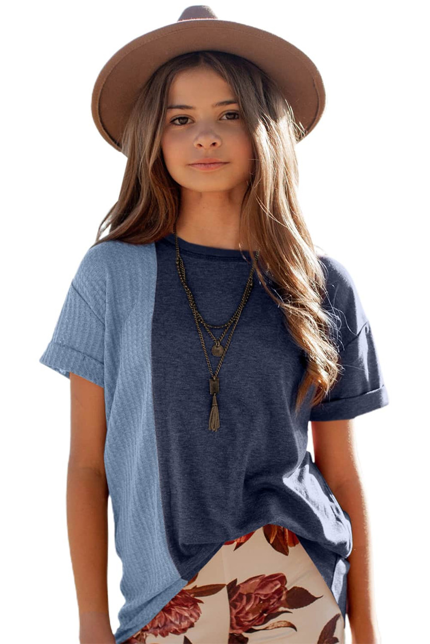 Blue Girls Patchwork Short Sleeve Waffle Knit Top