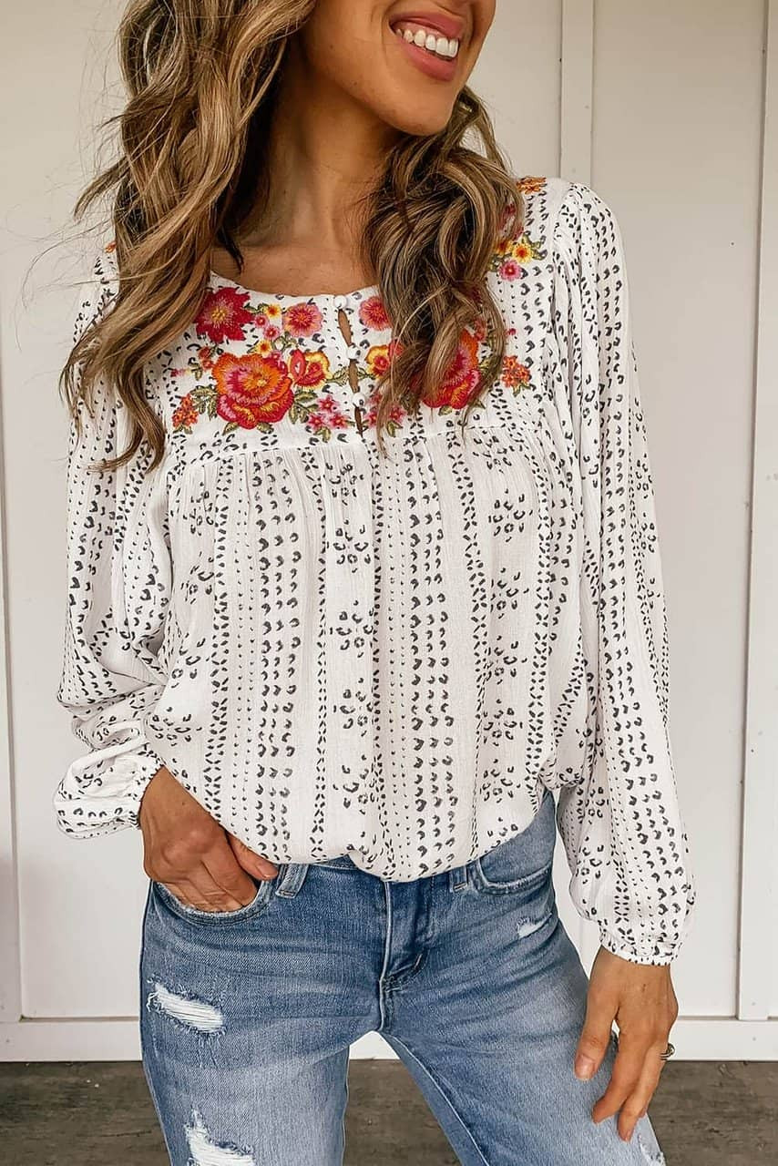 Beige Long Sleeve Embroidered Print Blouse