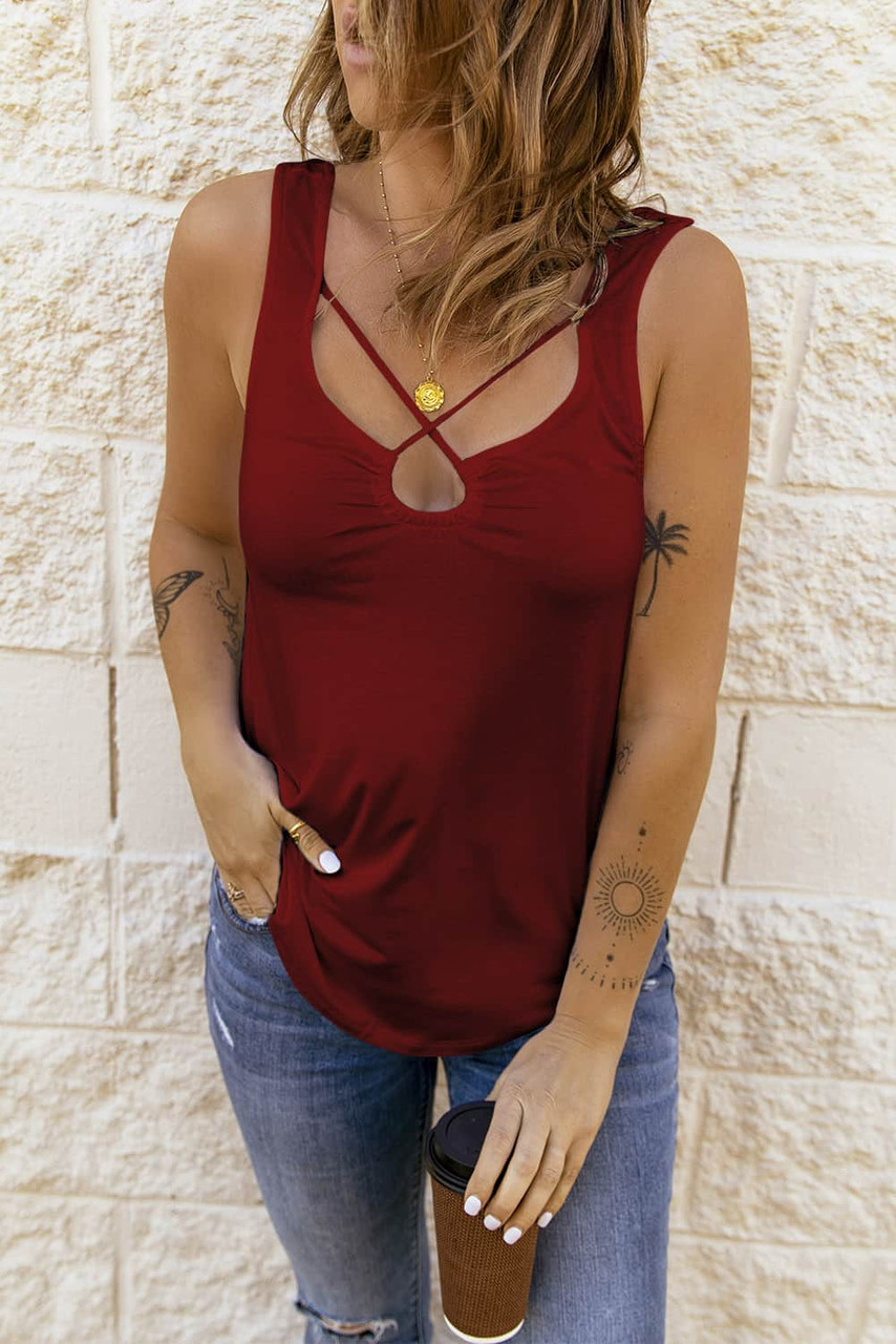 Red Solid Criss Cross Tank Top