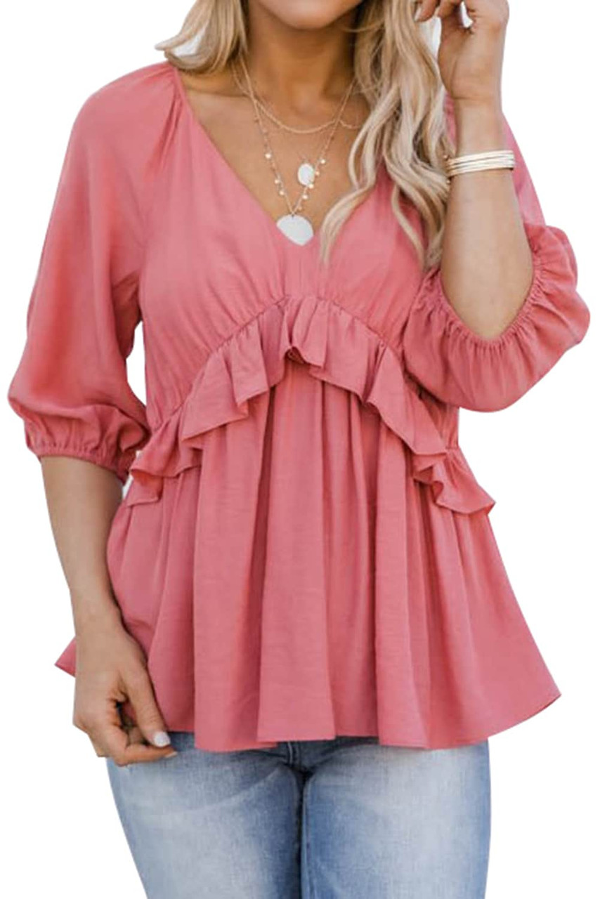 Pink Ruffled Half Sleeve V Neck Babydoll Top